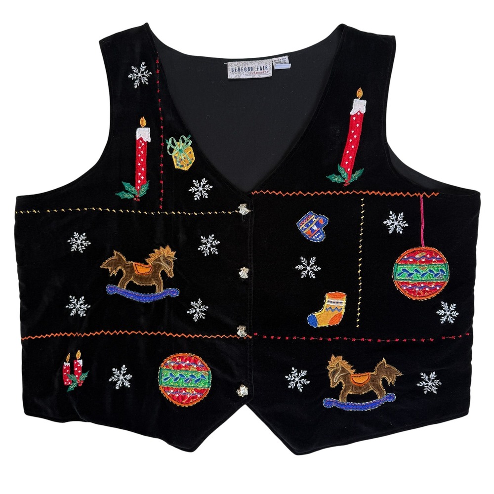 Vintage Womens Christmas Velvet Vest 3X Embroidered Holiday‎ Festive Grandmacore